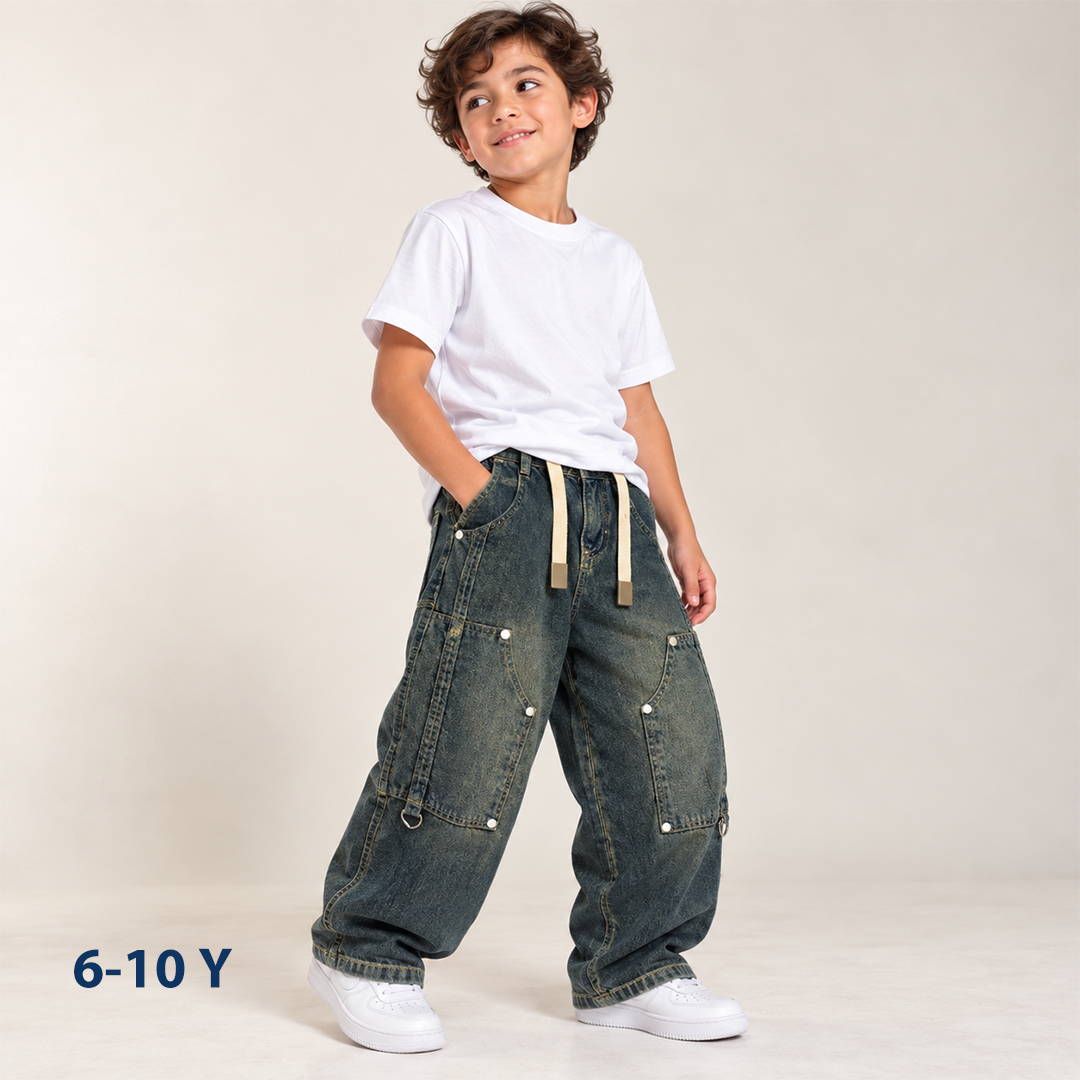 Wide-Leg Double-Knee Cargo Jeans with Drawstring