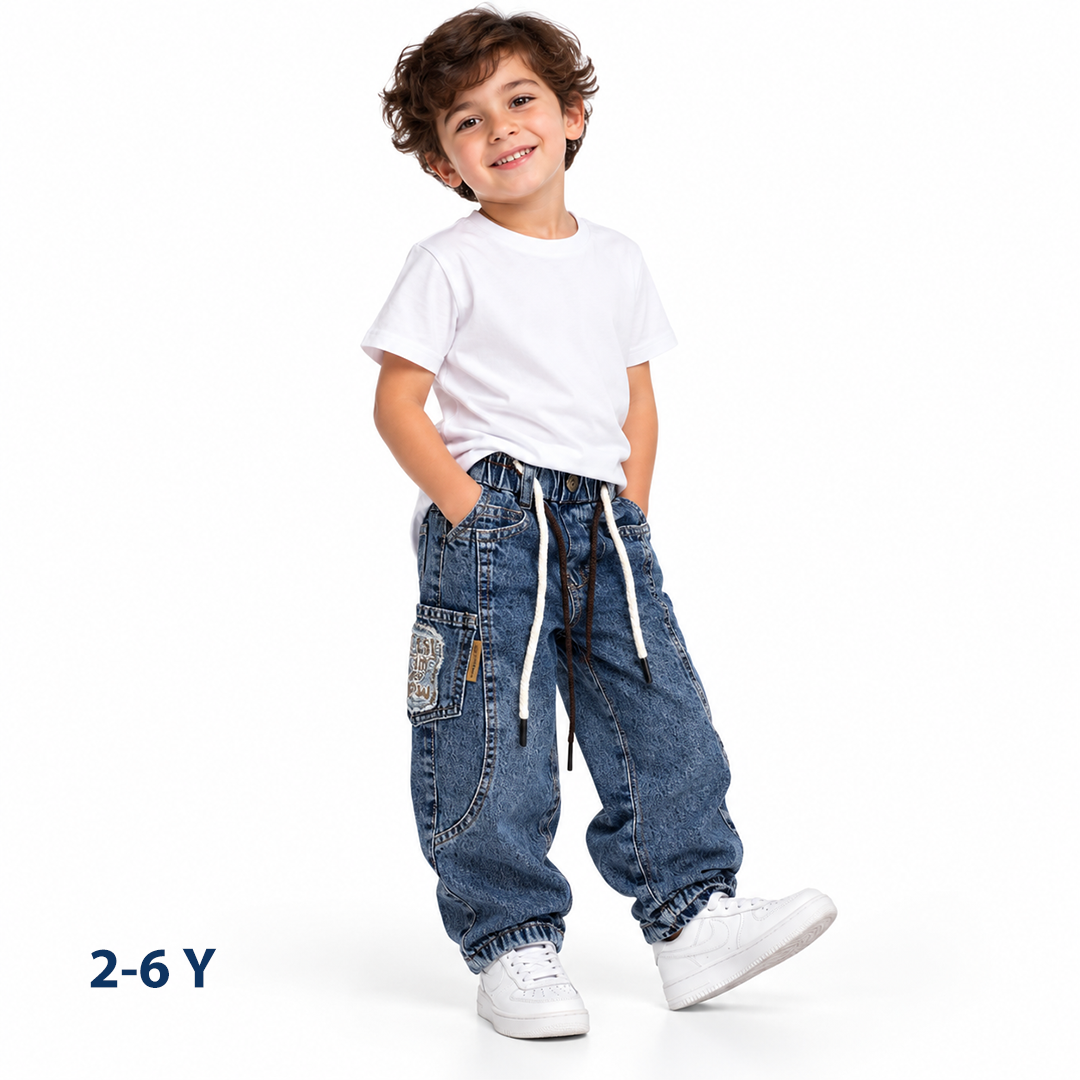 Boys Loose Fit Elastic Waist Cargo Denim Pants