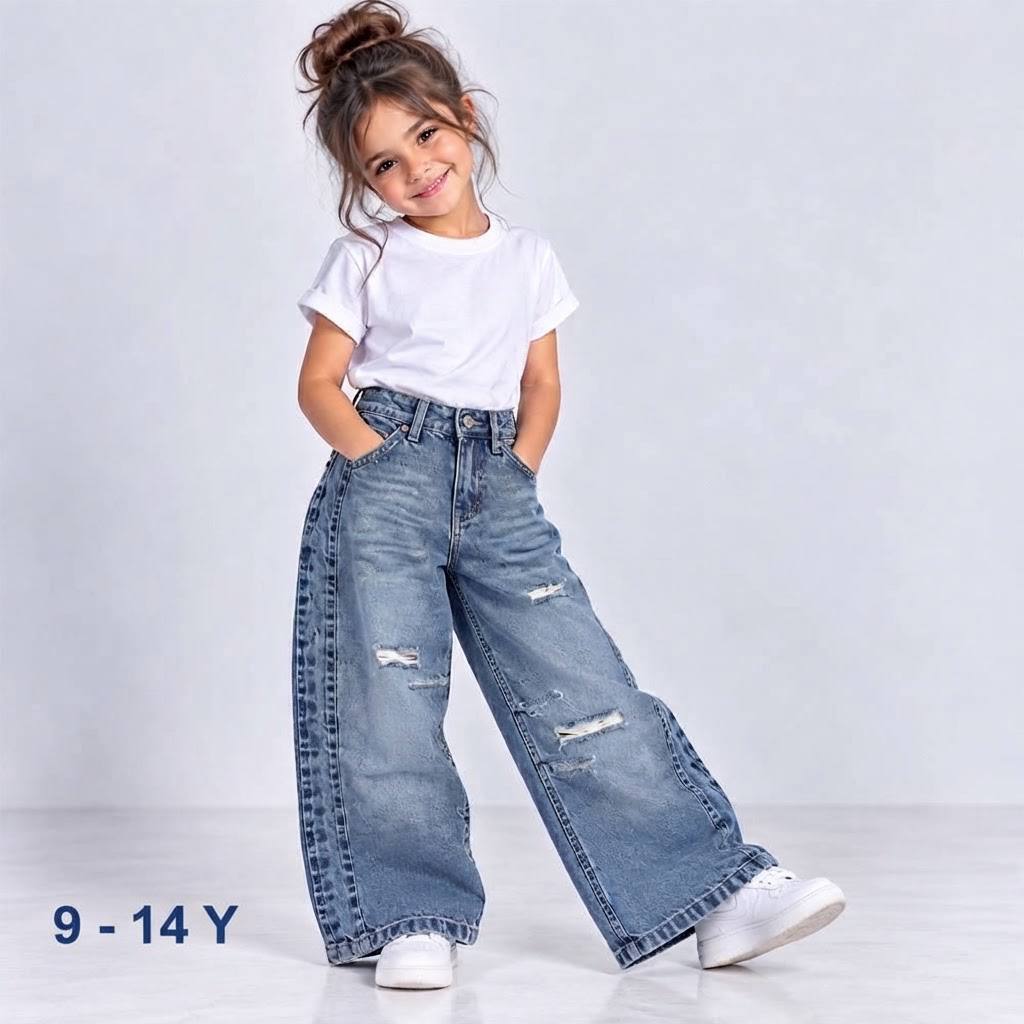 Girls Ripped High-waist Wide leg Jeans