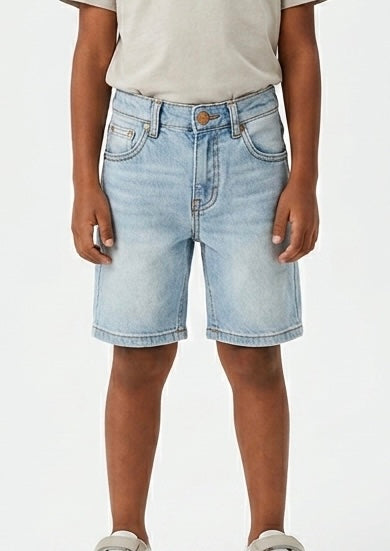 Blue kids' denim shorts by Fox Kids showing front view with pockets and adjustable waistband.