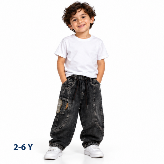 Boys Loose Fit Elastic Waist Cargo Denim Pant