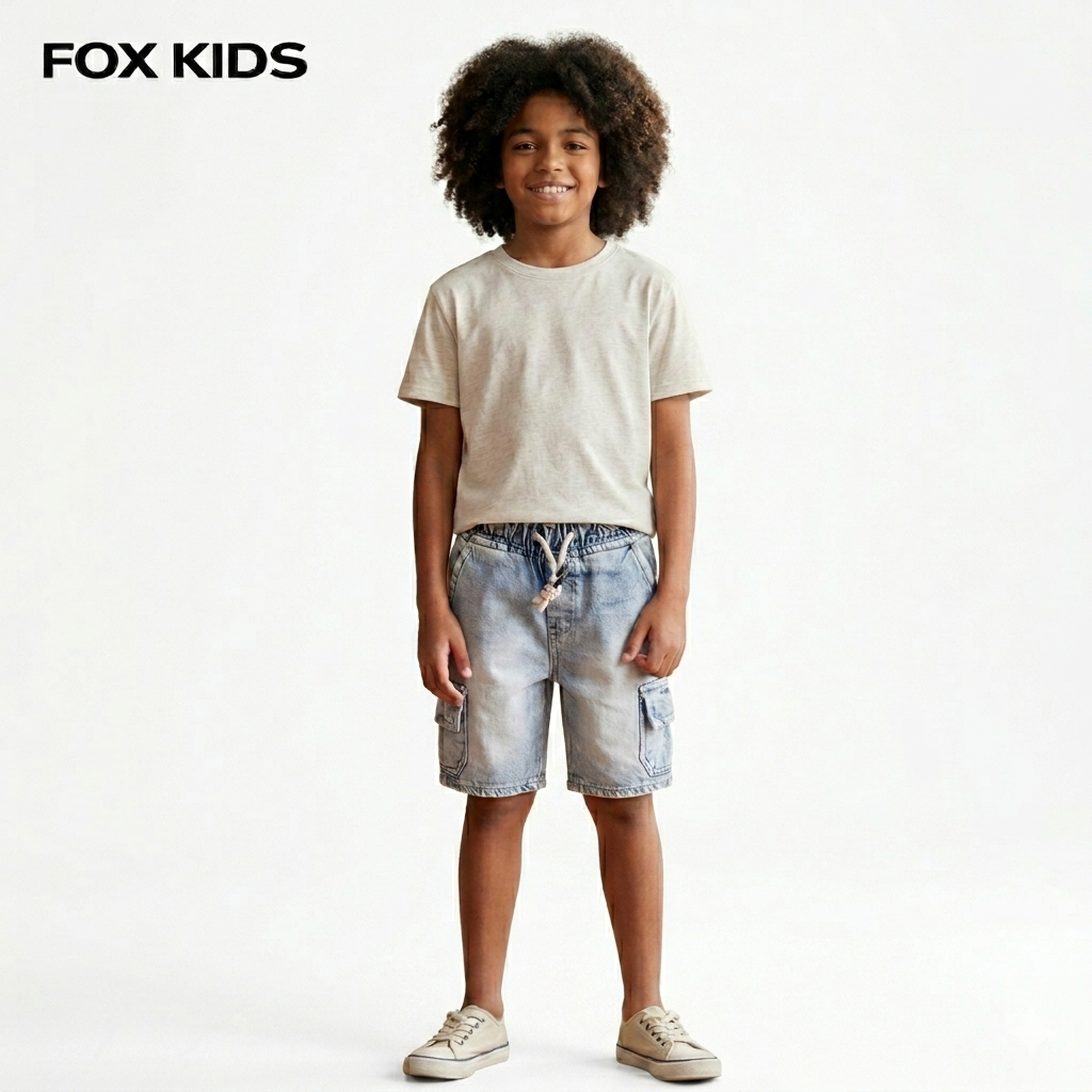 Blue boys' denim shorts by Fox Kids, featuring classic design and adjustable waistband, suitable for casual wear.
