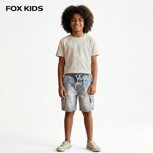 Blue boys' denim shorts by Fox Kids, featuring classic design and adjustable waistband, suitable for casual wear.
