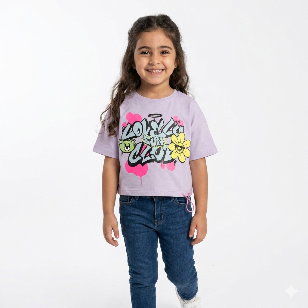 Pink girls' T-shirt by Fox Kids featuring a playful design, short sleeves, and comfortable cotton fabric.