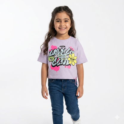 Pink girls' T-shirt by Fox Kids featuring a playful design, short sleeves, and comfortable cotton fabric.