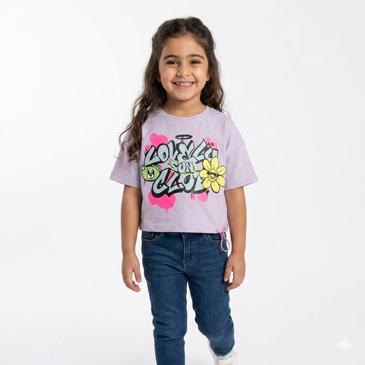 Pink girls' T-shirt by Fox Kids featuring a playful design, short sleeves, and comfortable cotton fabric.