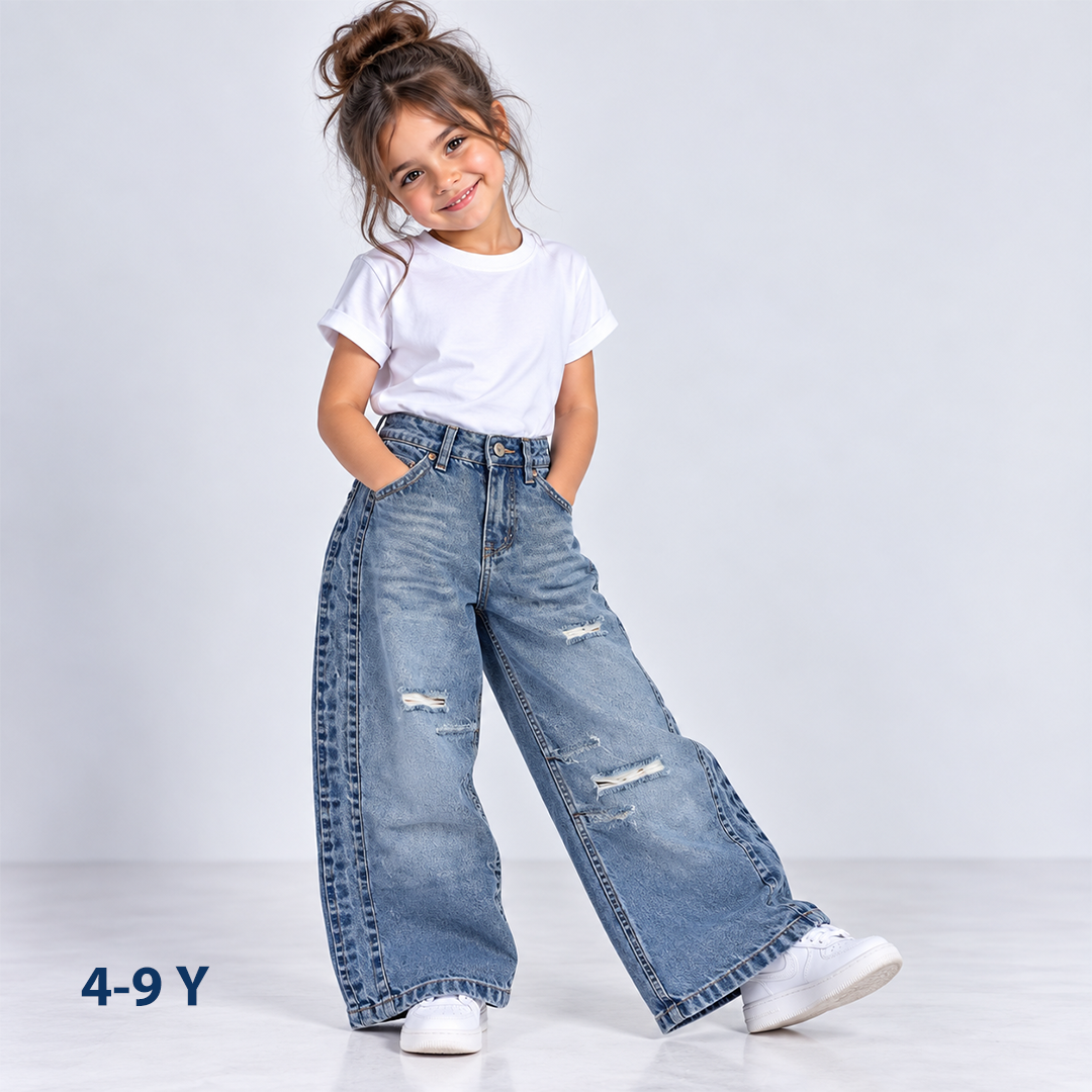 Girls' Ripped High-Waist Wide-Leg Jeans