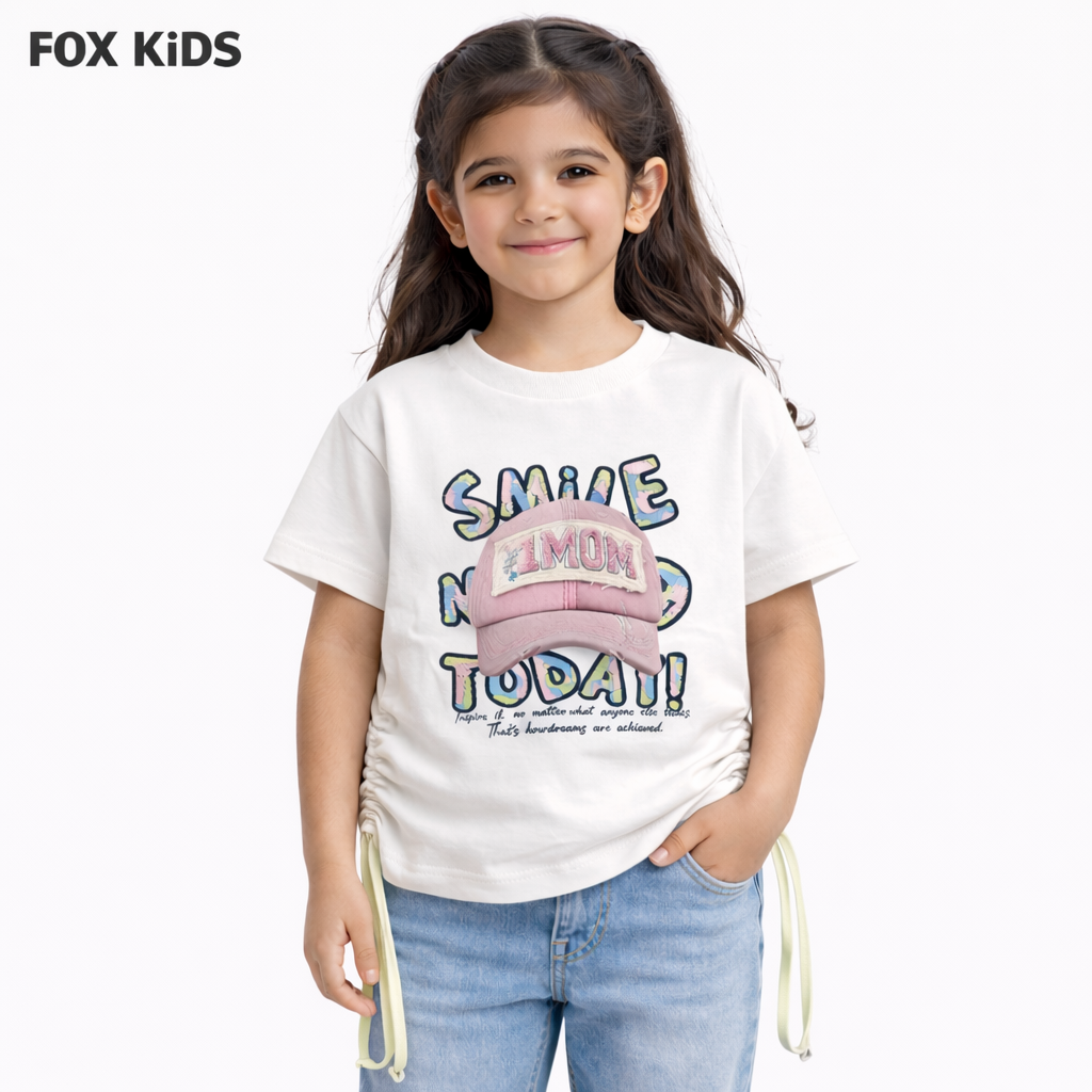 Pink girls' T-shirt by Fox Kids featuring a fun printed design, made from soft, comfortable fabric for everyday wear.