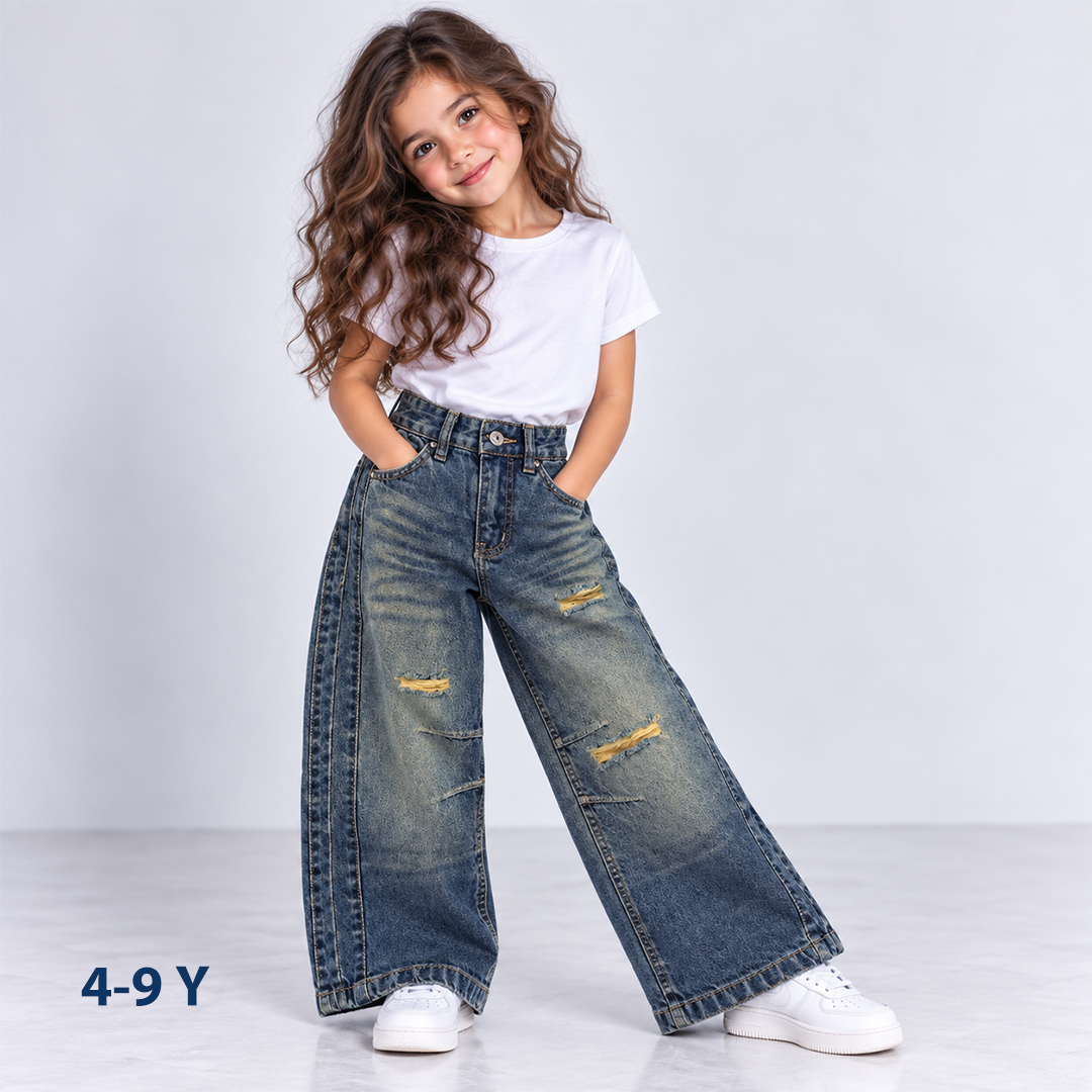 Girls' Ripped High-Waist Wide-Leg Jeans