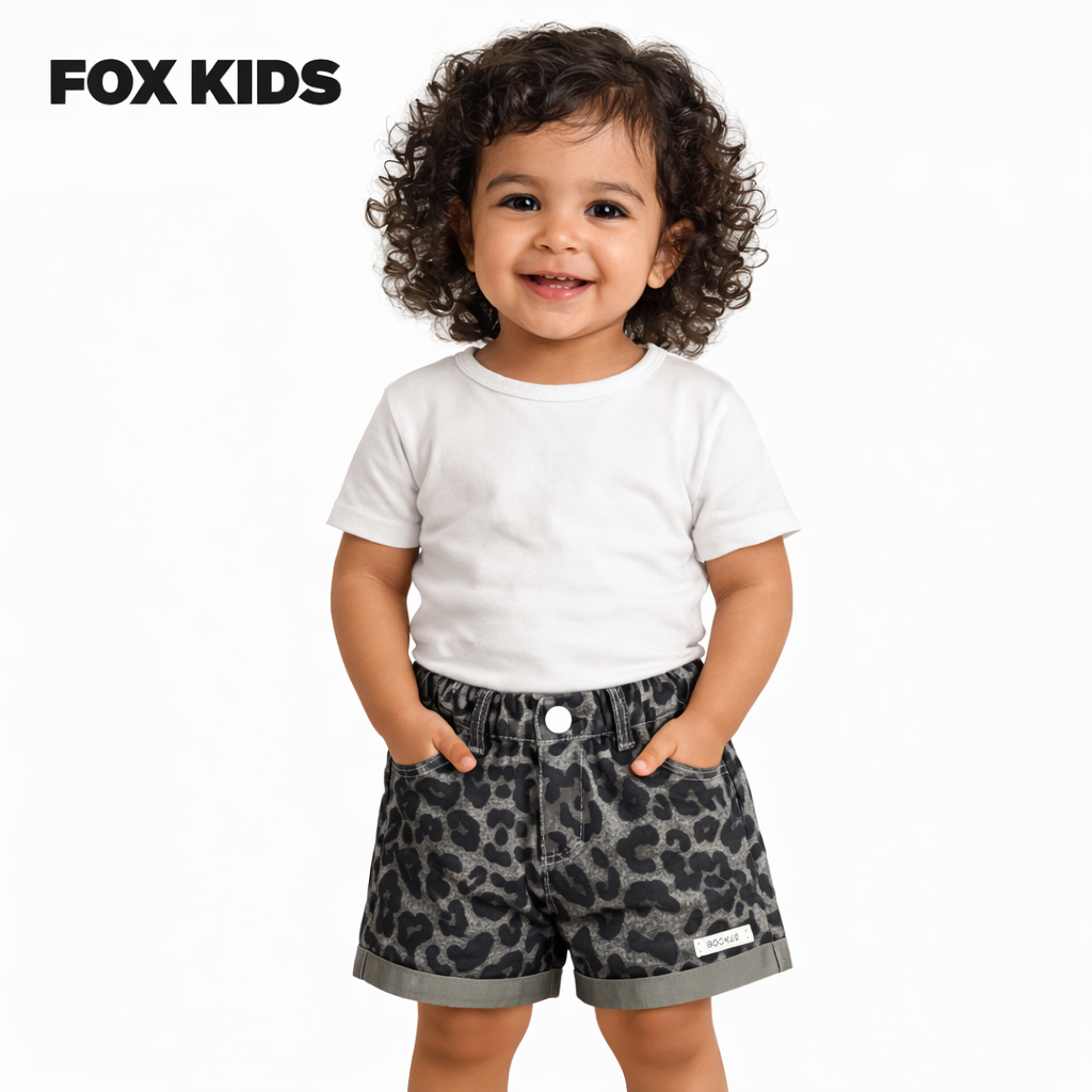 Pink girls' imported Fox Kids Tiger shorts with elastic waistband, featuring tiger print design.