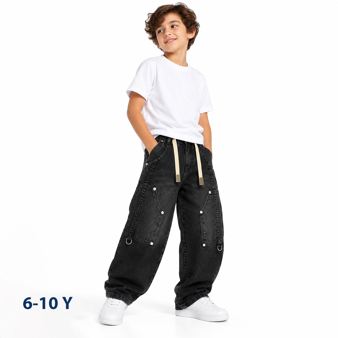 Wide-Leg Double-Knee Cargo Jeans with Drawstring