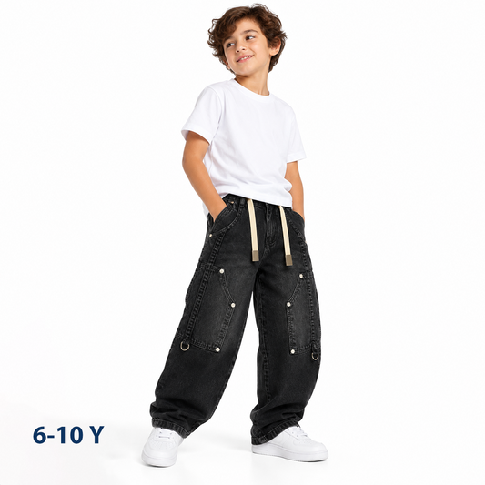 Wide-Leg Double-Knee Cargo Jeans with Drawstring