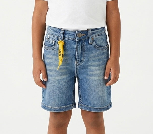 Blue kids' denim shorts from Fox Kids, featuring a comfortable fit and stylish design, perfect for boys.