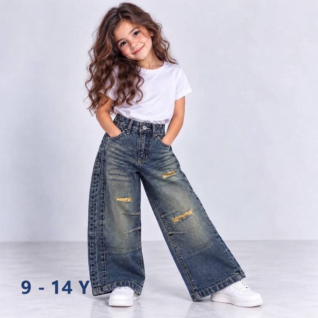 Girls Ripped High-waist Wide leg Jeans