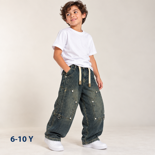 Wide-Leg Double-Knee Cargo Jeans with Drawstring