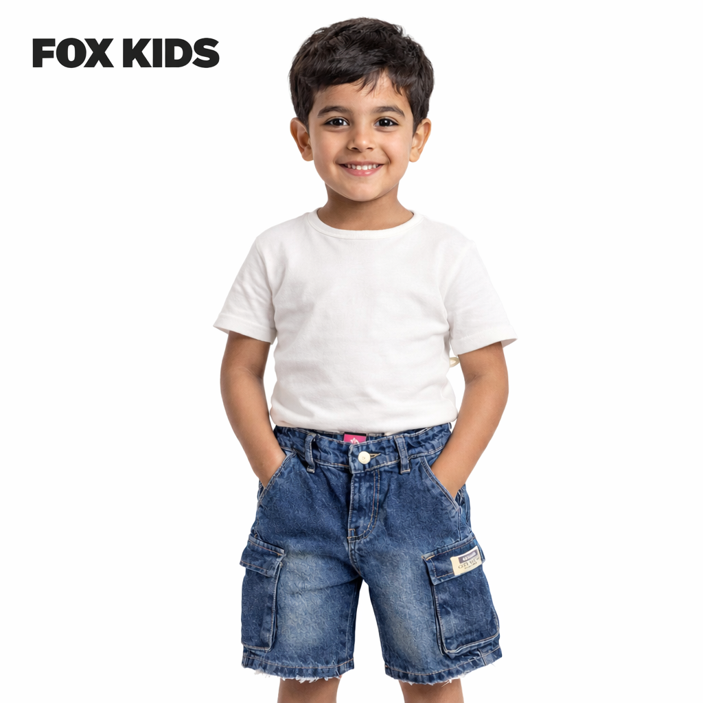 Blue kids' denim shorts from Fox Kids, featuring a comfortable fit and casual style, suitable for everyday wear.