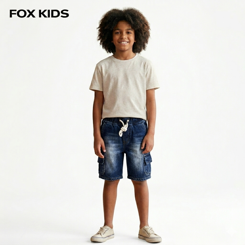 Blue denim boys' shorts by Fox Kids featuring a comfortable fit and casual style, shown in the product image.