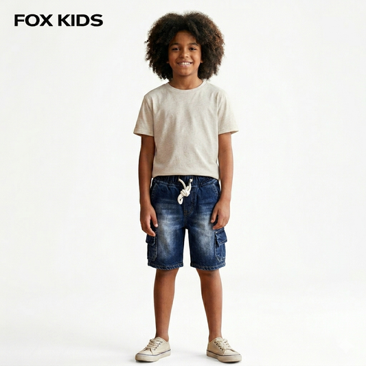 Blue denim boys' shorts by Fox Kids featuring a comfortable fit and casual style, shown in the product image.