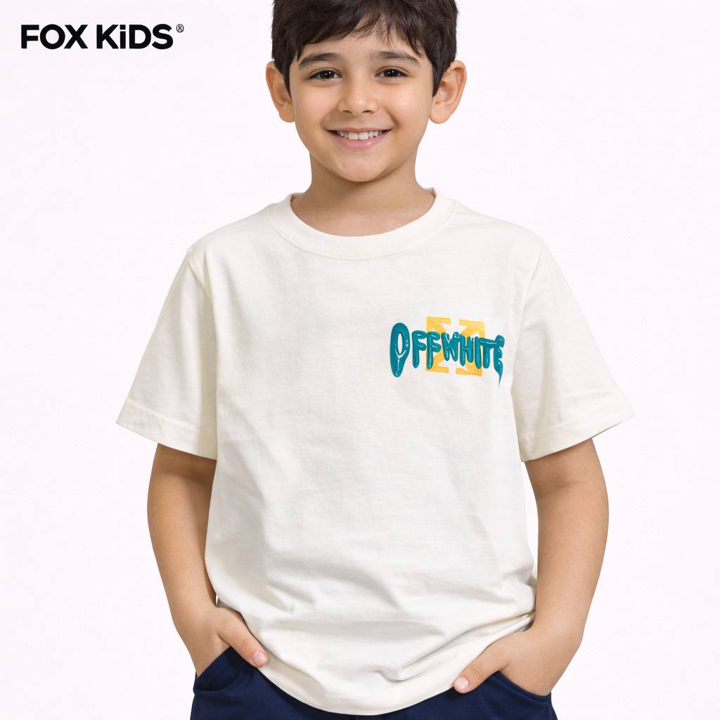 Off-white Fox Kids T-shirt for boys featuring a casual fit and comfortable fabric, shown on a plain background.