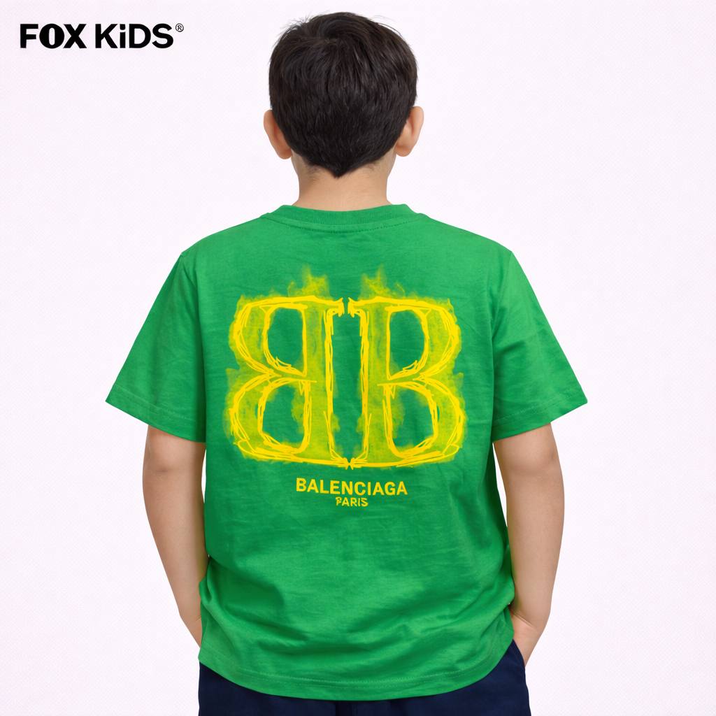 Bright blue Fox Kids Balenciaga kids' T-shirt with logo print, casual short-sleeve cotton clothing for children.