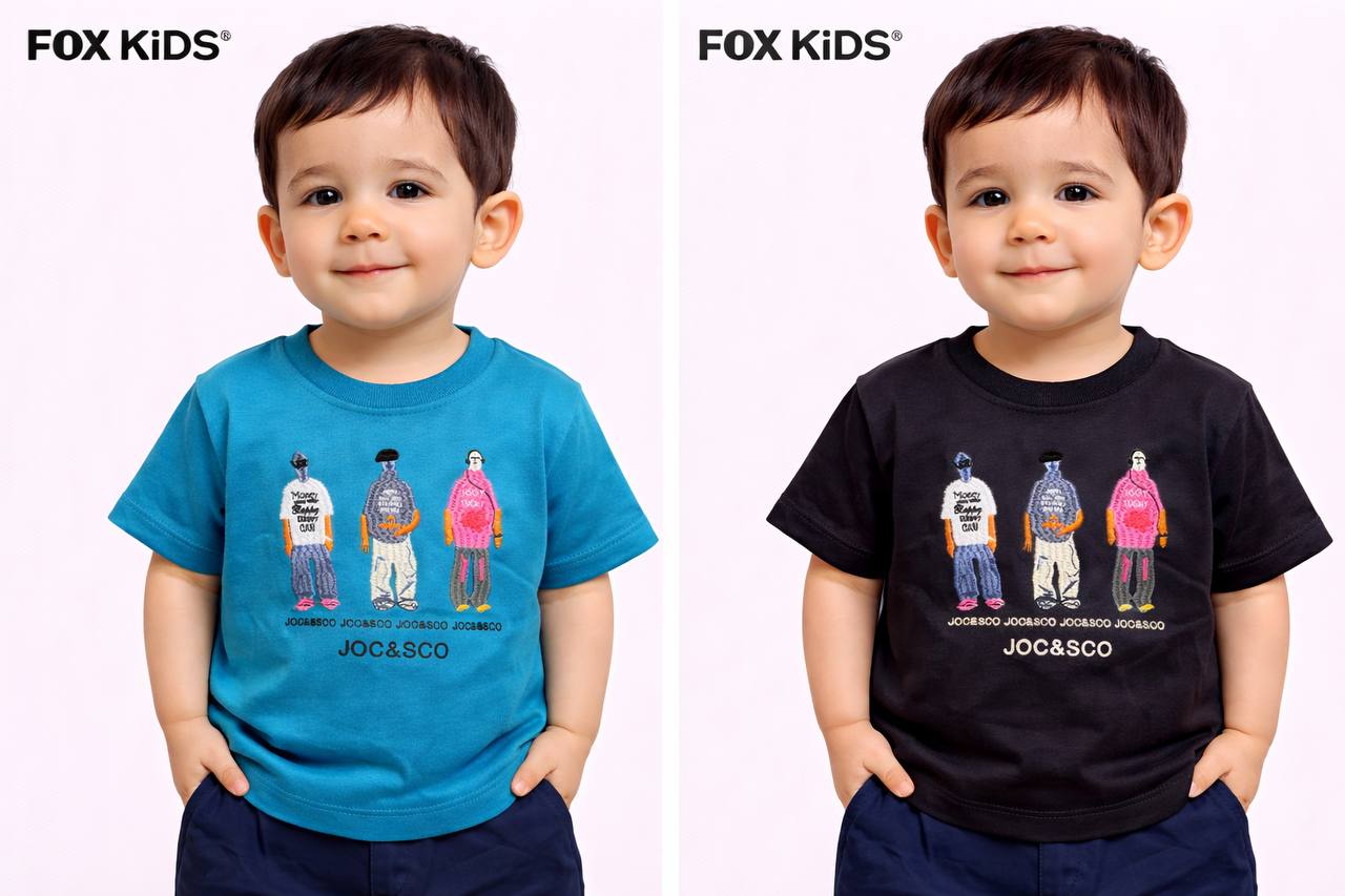 Bright blue Fox Kids baby T-shirt with short sleeves and playful design, perfect for young children.
