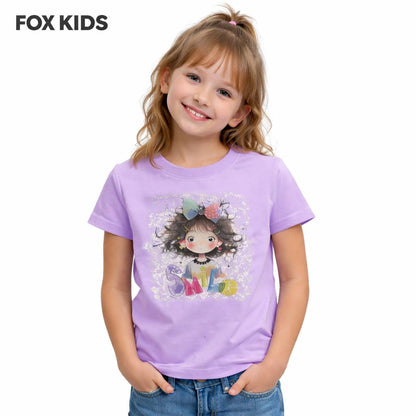Pink girls' T-shirt by Fox Kids featuring a playful graphic design, soft fabric, and comfortable fit for kids.