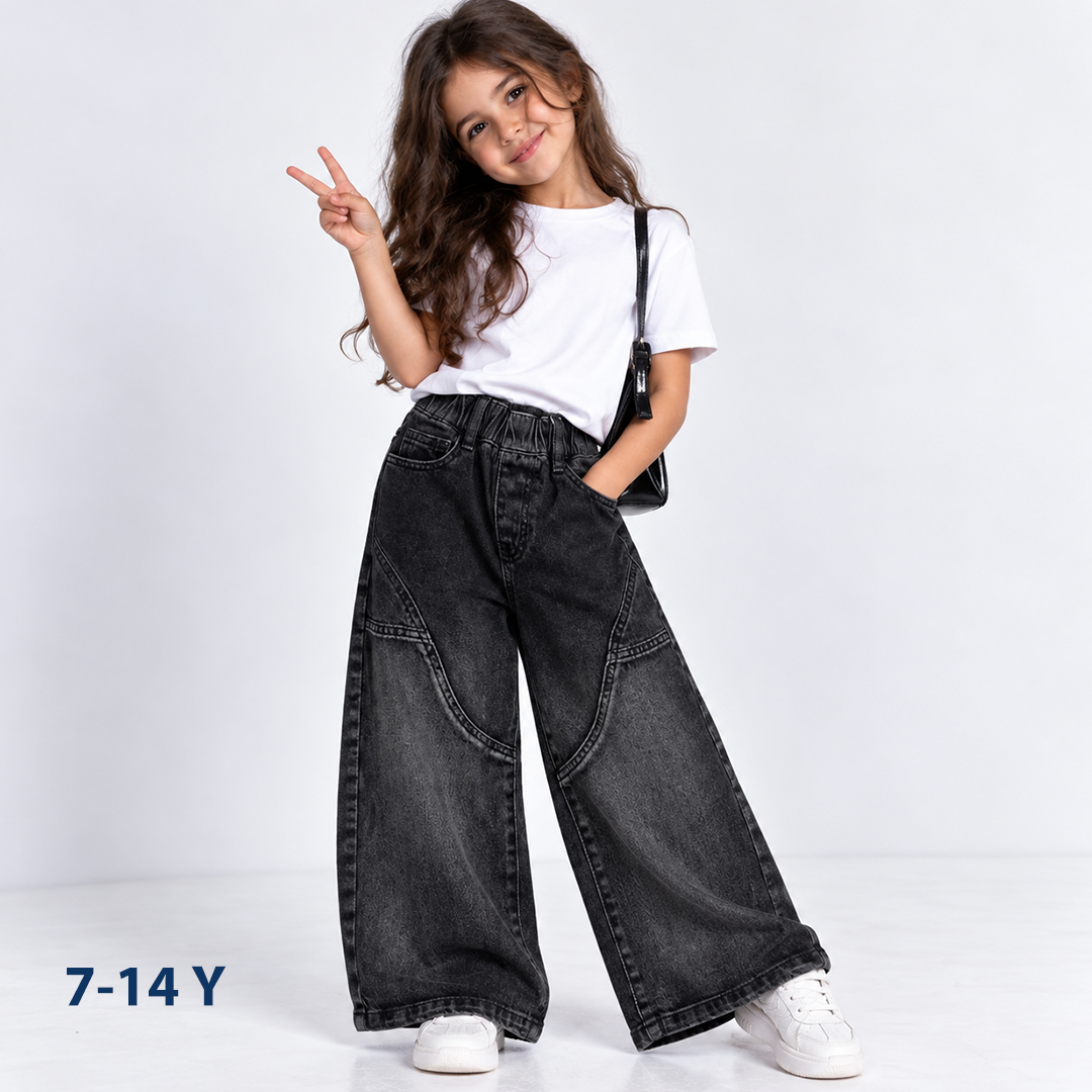 Girls' Elastic Waist Wide-Leg Jeans