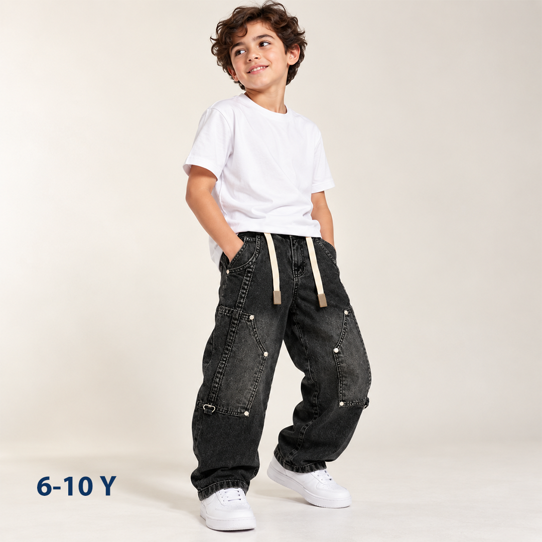 Wide-Leg Double-Knee Cargo Jeans with Drawstring