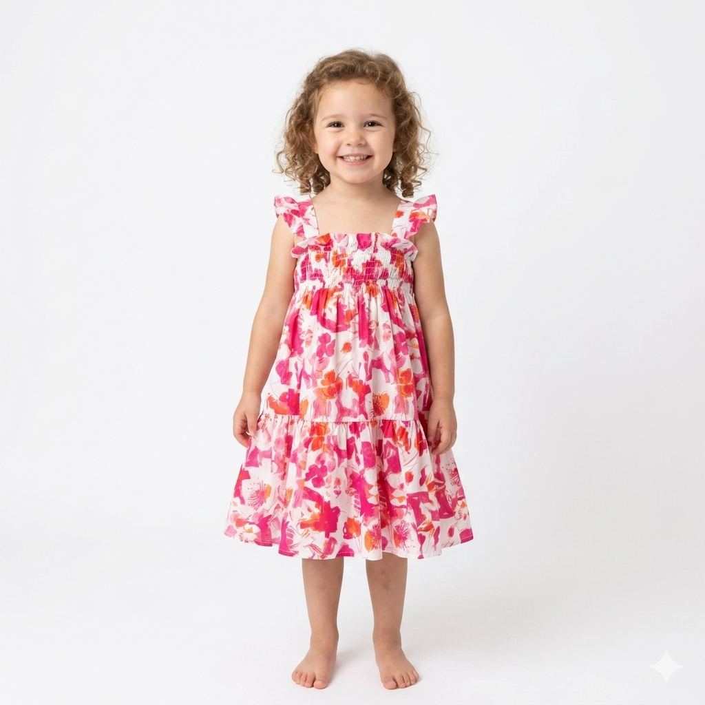 Pink girls' dress from Fox Kids featuring floral patterns and short sleeves, perfect for casual wear.