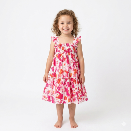 Pink girls' dress from Fox Kids featuring floral patterns and short sleeves, perfect for casual wear.