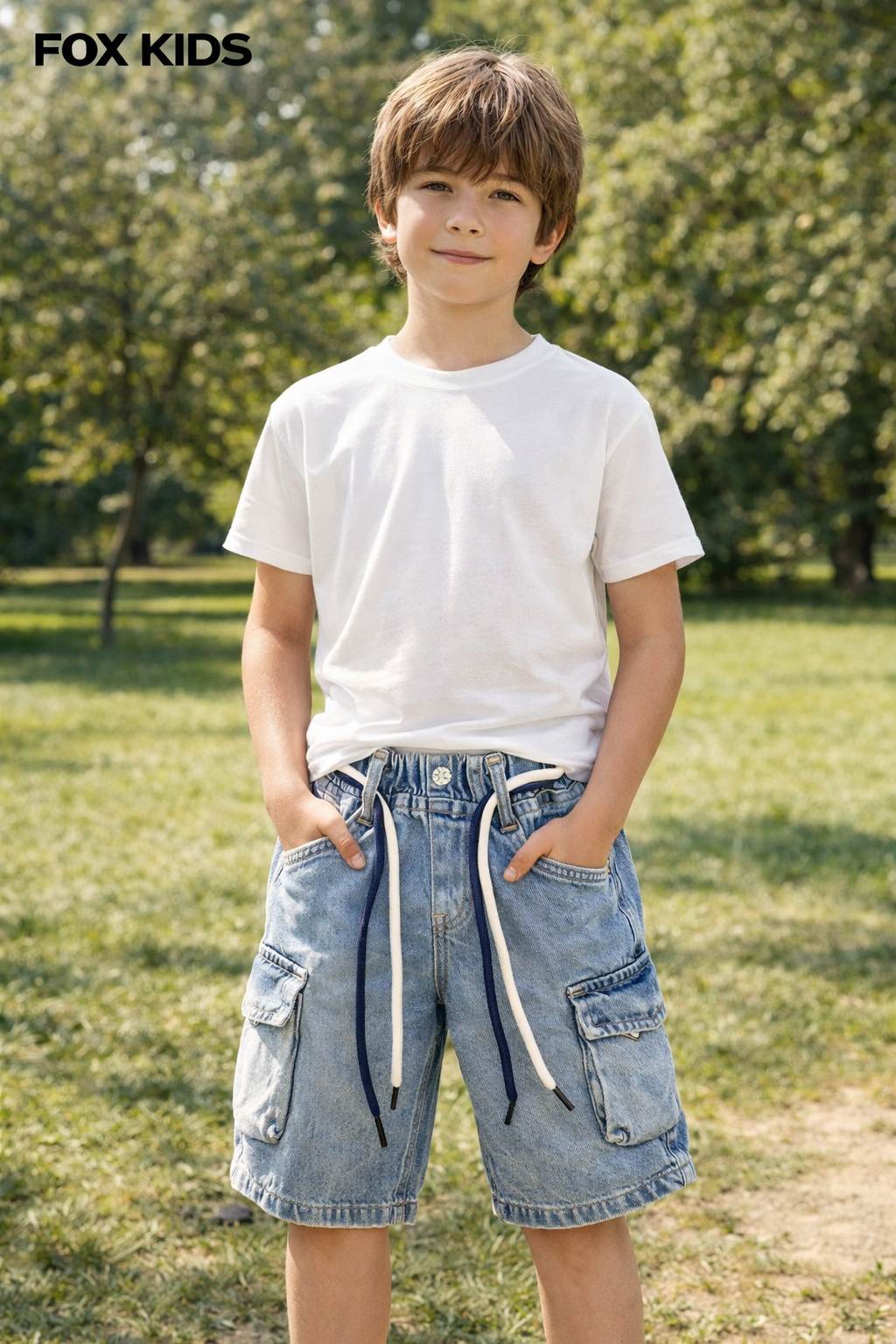 Kids' blue denim shorts by Fox Kids, showing front view with pockets and adjustable waistband.