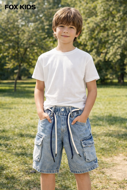 Kids' blue denim shorts by Fox Kids, showing front view with pockets and adjustable waistband.