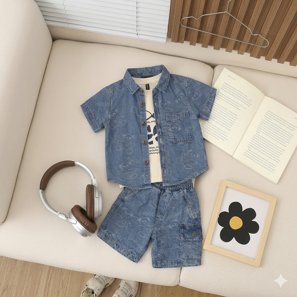 Set of three boys' denim jumpsuits by Fox Kids, featuring casual design and comfortable fabric for kids' everyday wear.