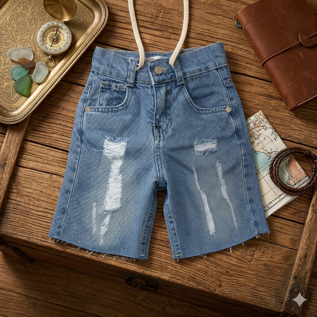Kids' denim shorts by Fox Kids featuring classic blue jean style with front pockets and adjustable waistband.