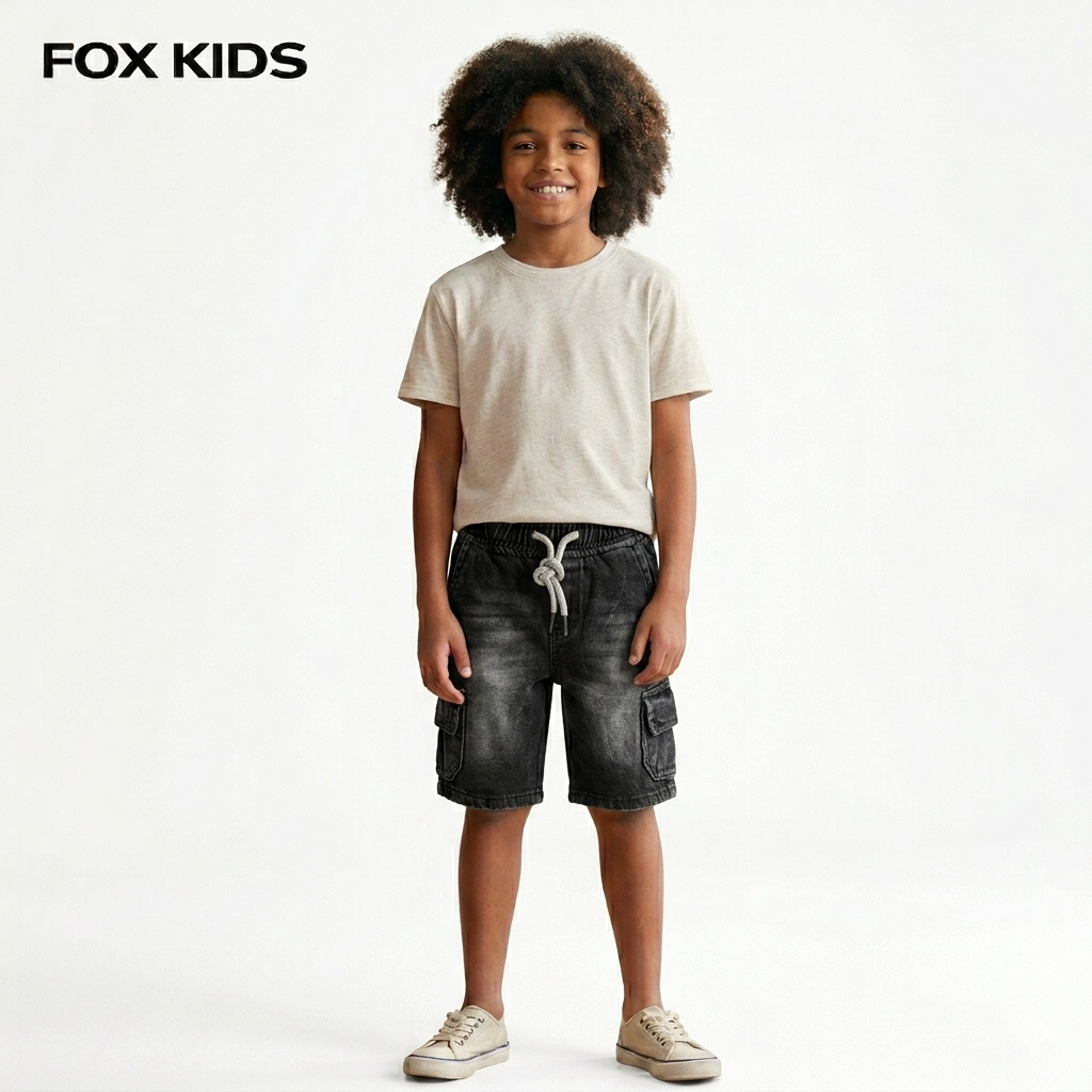 Blue denim shorts for boys by Fox Kids, featuring a classic fit and casual style, shown on a child model.