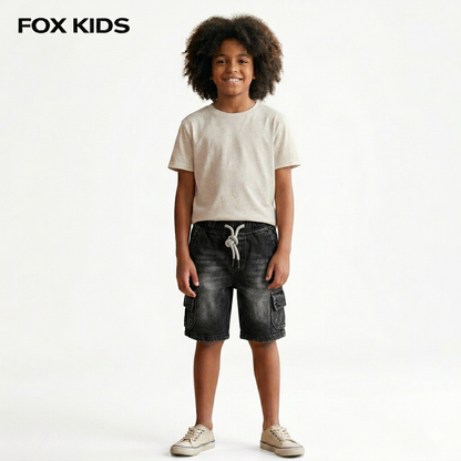 Blue denim shorts for boys by Fox Kids, featuring a classic fit and casual style, shown on a child model.