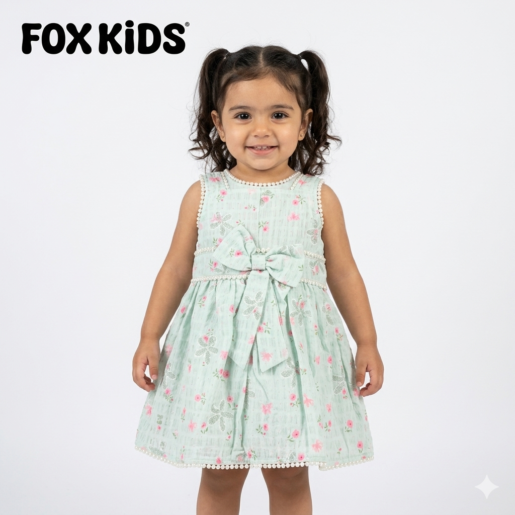 Cute baby girl dress in pink with floral patterns from Fox Kids, featuring a soft, comfortable fabric and adorable design.