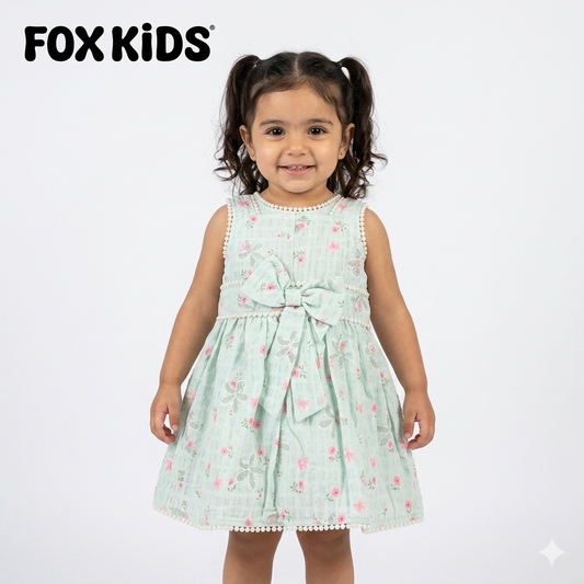 Cute baby girl dress in pink with floral patterns from Fox Kids, featuring a soft, comfortable fabric and adorable design.