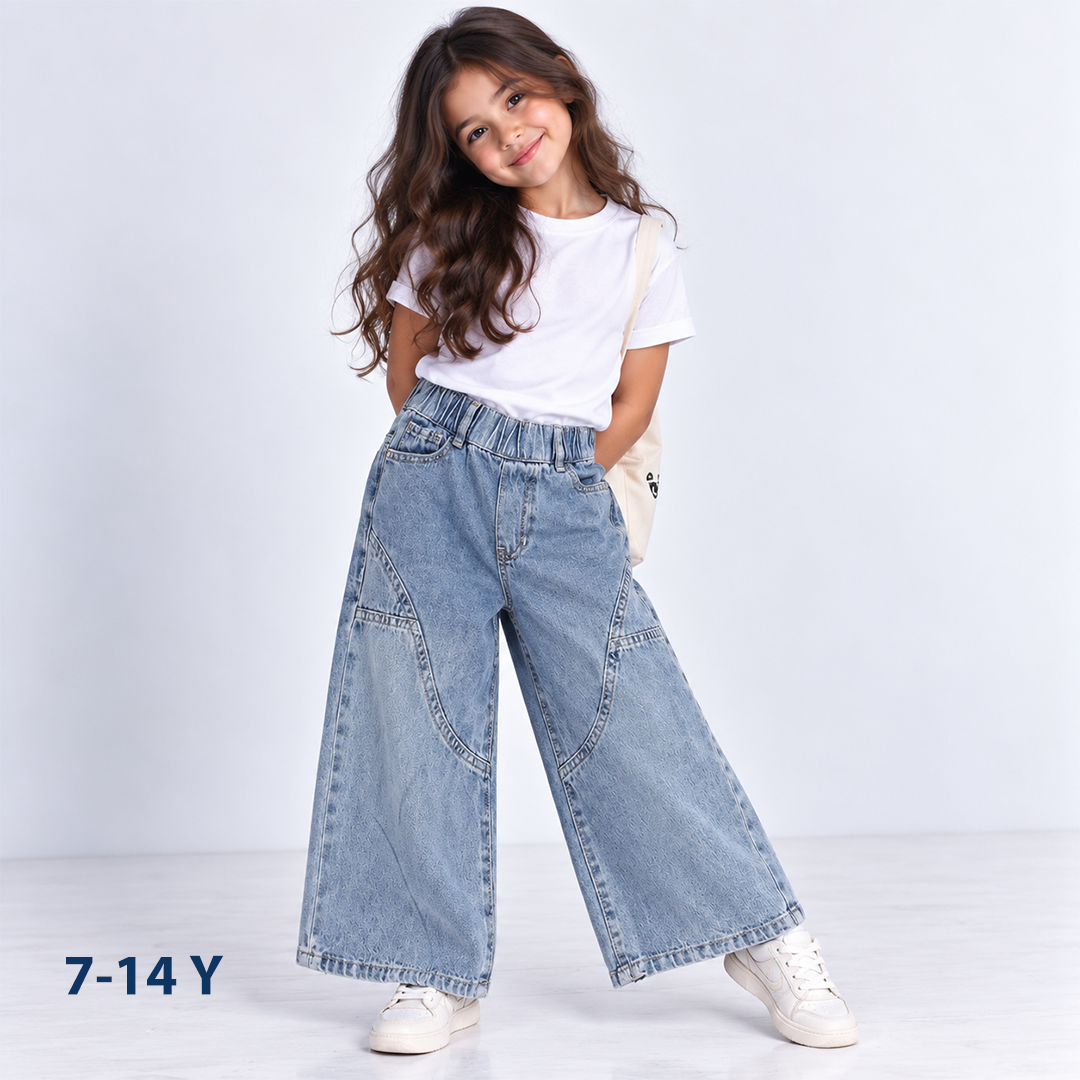 Girls' Elastic Waist Wide-Leg Jeans