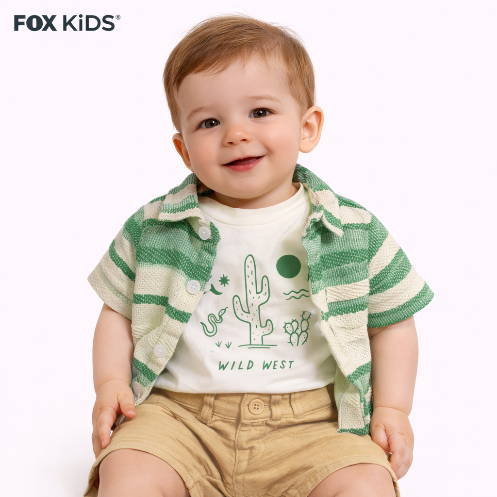 Baby boys' 3-piece clothing set by Fox Kids, includes shirt, pants, and hat, displayed on a neutral background.