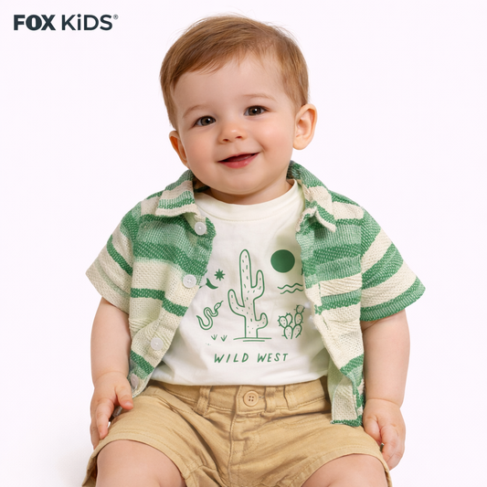 Baby boys' 3-piece clothing set by Fox Kids, includes shirt, pants, and hat, displayed on a neutral background.