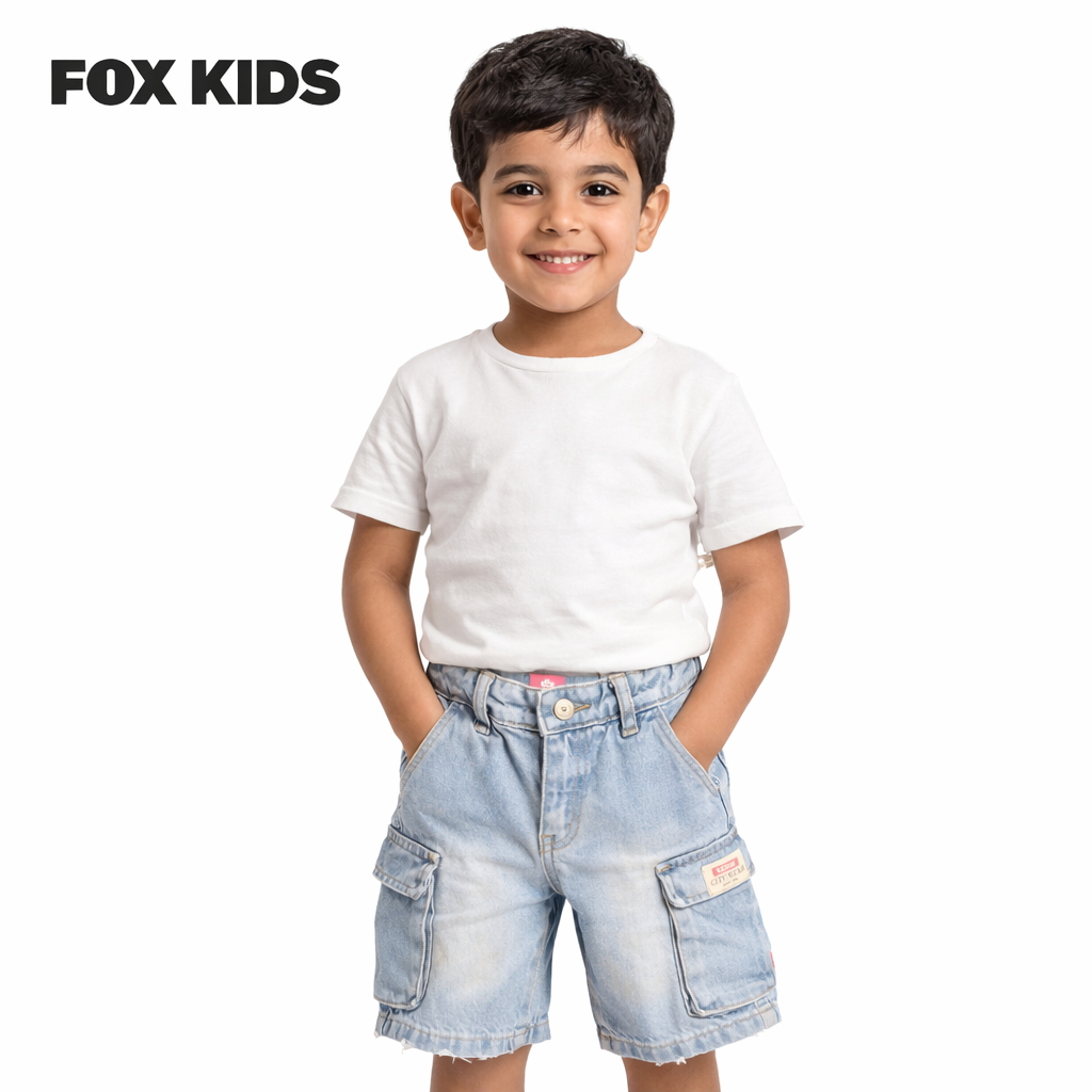 Kids' blue denim shorts from Fox Kids featuring a casual design and comfortable fit for children.
