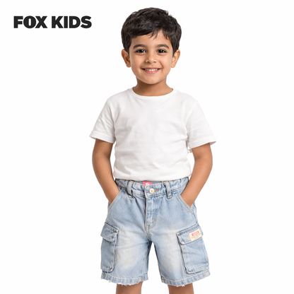 Kids' blue denim shorts from Fox Kids featuring a casual design and comfortable fit for children.