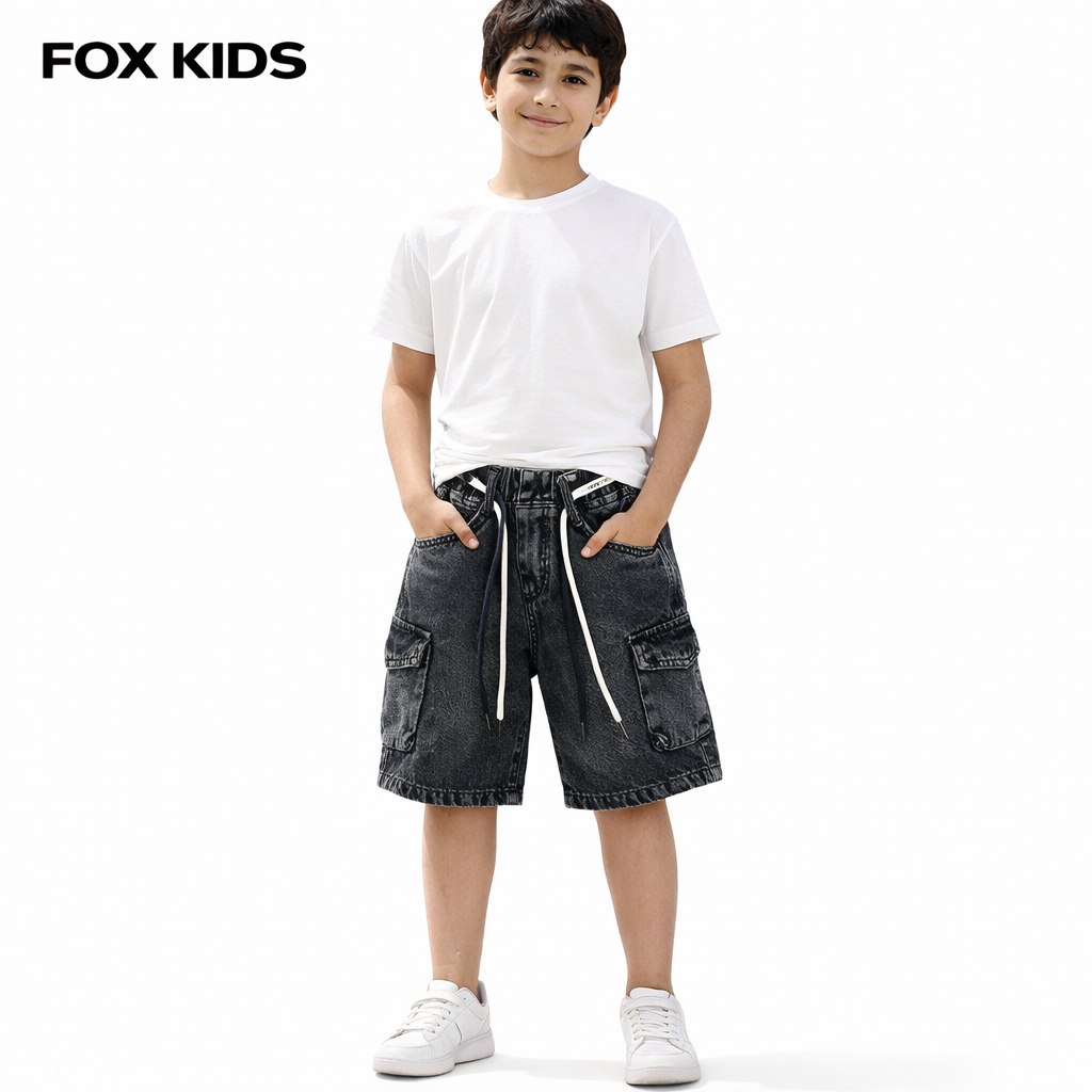 Blue kids' denim shorts from Fox Kids with front pockets and rolled-up hems, casual and comfortable for boys.