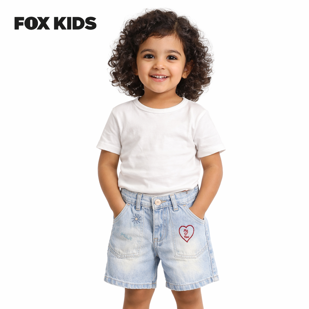 Girls' denim shorts by Fox Kids featuring a stylish fit and classic blue wash, perfect for casual wear.