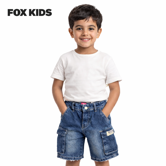 Children's denim shorts by Fox Kids, featuring classic blue jeans style with pockets and adjustable waist.