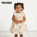 Cute pink baby girl dress by Fox Kids with ruffled sleeves and floral pattern, perfect for special occasions or everyday wear.
