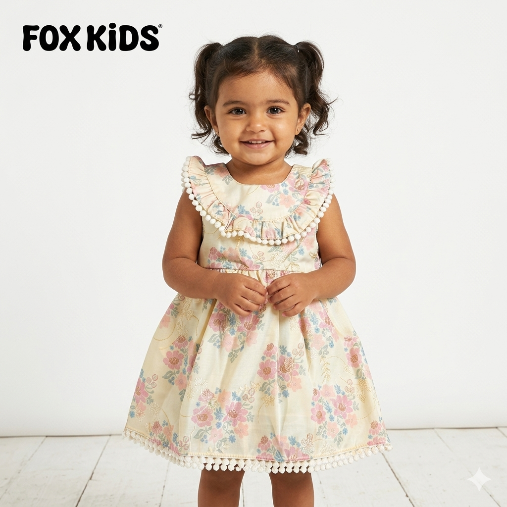 Cute pink baby girl dress by Fox Kids with ruffled sleeves and floral pattern, perfect for special occasions or everyday wear.