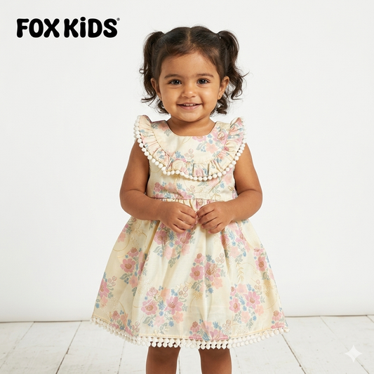 Cute pink baby girl dress by Fox Kids with ruffled sleeves and floral pattern, perfect for special occasions or everyday wear.