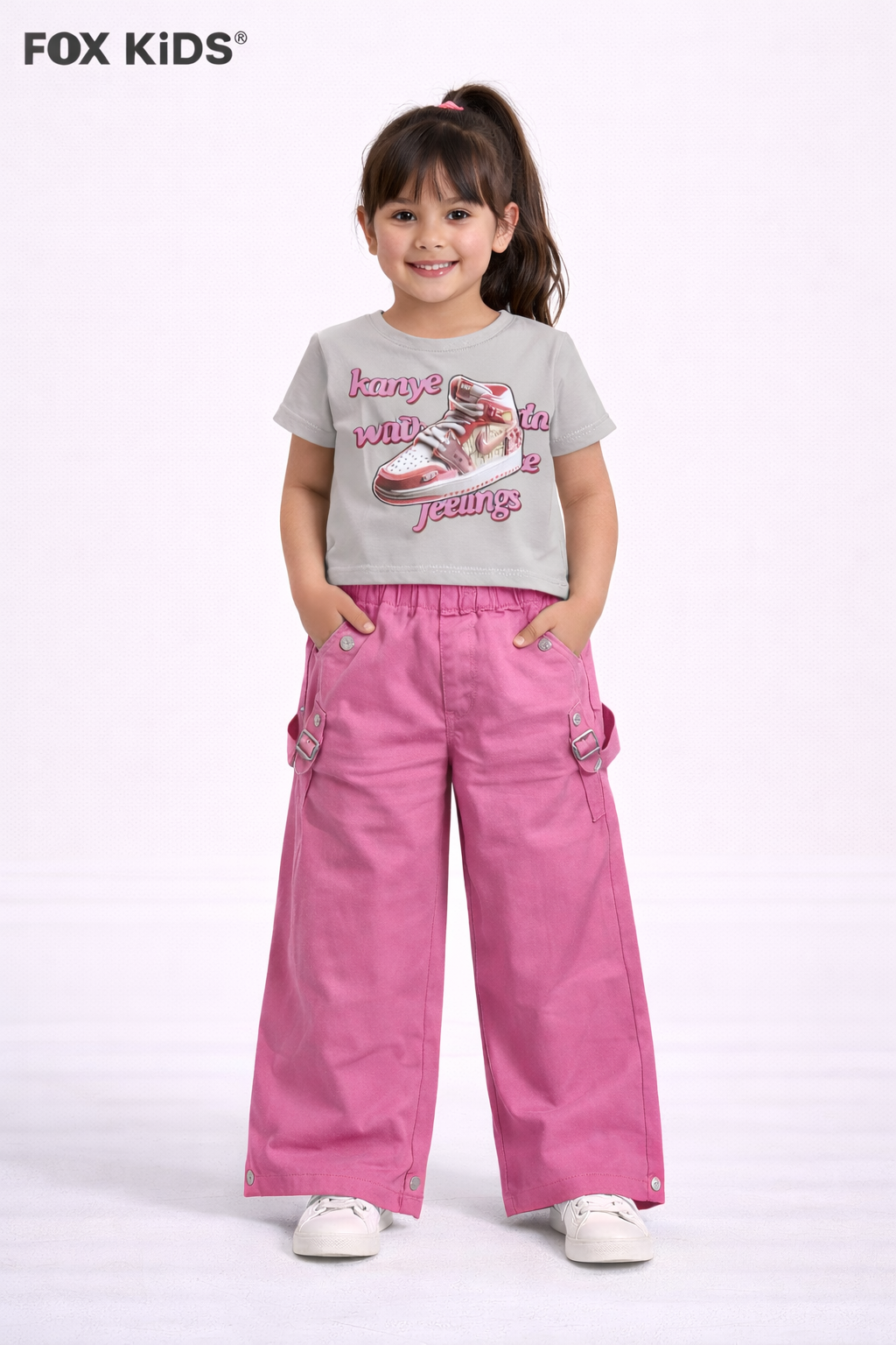 Pink girls' cotton pants from Fox Kids with elastic waistband and comfortable fit, ideal for casual wear.